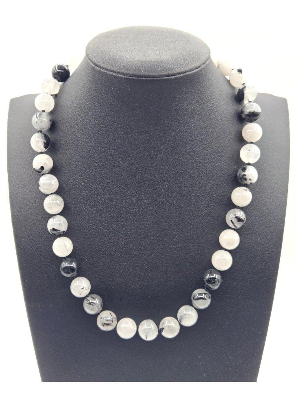 Tourmalinated Quartz 10mm Beaded Necklace Black Rutile Gemstone 925 Silver Clasp